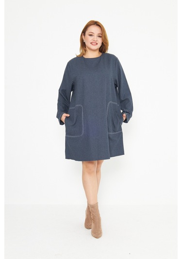 Koyu Mavi Dikiş Detaylı Büyük Beden Tunik Mavi