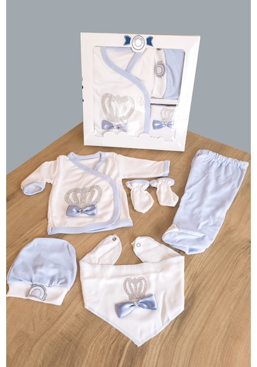 Mavi Taşlı 5 Parça Hastane Çıkışı Erkek Bebek Giyim Mavi