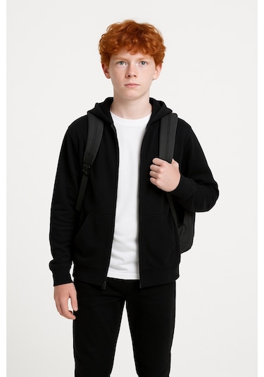 Giyicem G2025-3 Basic Fermuarlı Kapüşonlu Unisex Okul Sweatshirt - Siyah