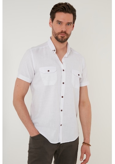 Buratti Düğmeli Yaka Pamuklu Slim Fit Cepli Erkek Gömlek Cf21S111153 Beyaz