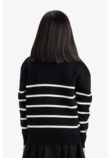 Defacto Kız Çocuk Bisiklet Yaka Çizgili Triko Kazak Z0194a625aubk27 Siyah