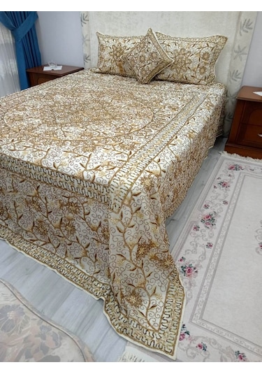 Pullu Boncuk İşlemeli Otantik Çift Kiş Yat Örtüsü 240x270 -gold Gold