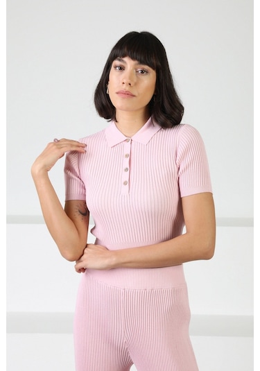 Ferraro Pembe Kadın Polo Yaka Kısa Kol Fitilli Viskon Triko Bluz Pembe