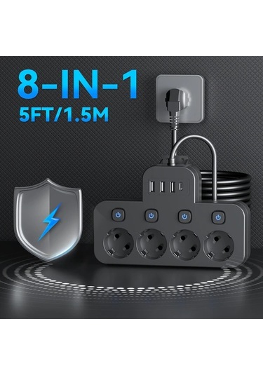 Xuweiwei 8 İn 1 Arada Standart Eu Priz 4 Usb Portu Usb C Portlu Bagimsiz Anahtarlı 152.4 304.8 Cm Uzatma Kablosu Siyah 5ft 1 5m