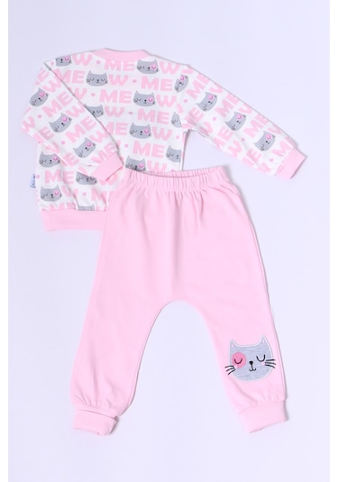 Hçm Kız Bebek Eşofman Takımı Kedicik Baskılı Çıtçıtlı B72 Pembe