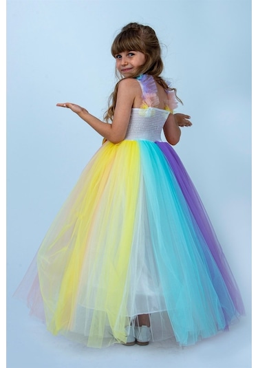 Uzun Unicorn Kasnaklı Kız Çocuk Parti Elbisesi