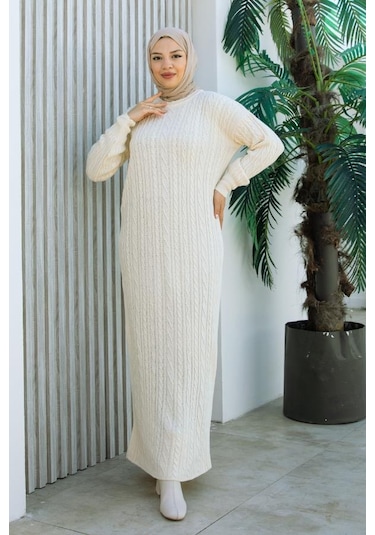 Brc2440ekru-bisiklet Yaka Örme Triko Elbise Ekru