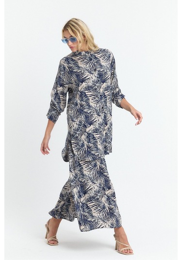 Schık Kadın Viskon Rahat Bol Paça Truvakar Kol Önü Düğme Baskılı Takım Lacivert