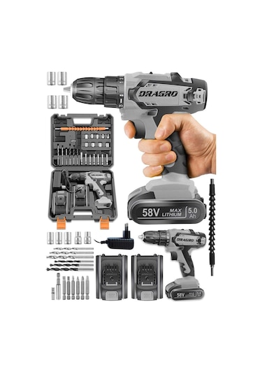 Dragro GTX-58 58V 5Ah Gri-Grey Darbeli Çift Akülü Vidalama Makinesi