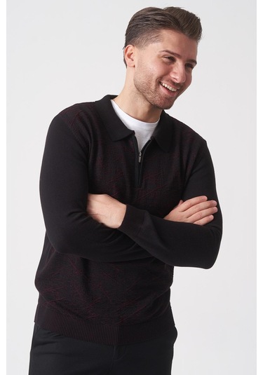 White Stone Porto Alegre 2024-32 Slim Fit Fermuarlı Pamuklu Venezia Triko Siyah-bordo Siyah/bordo Siyah - Bordo