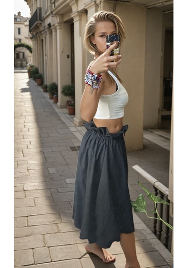 Kadın Giyim Yeni Sezon Bel Detaylı Balon Etek Maxi Box Siyah Renk Siyah