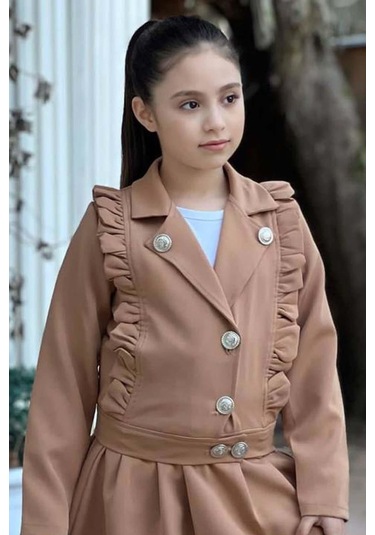 Riccotarz Kız Çocuk Gümüş Düğme Ve Fırfır Detaylı Kahverengi Ceket Etekli Takım 001