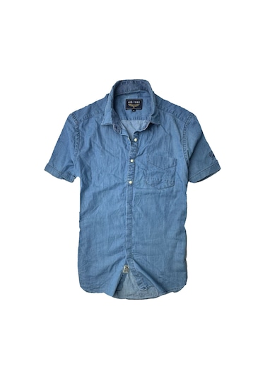 Saf Pamuk Kısa Kol Kot Gömlek Mavi