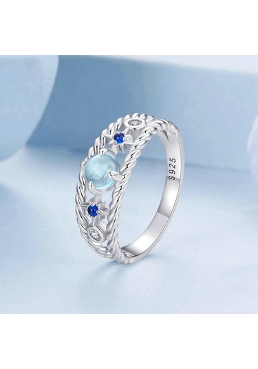 S925 Sterling Silver Platinum Plated Starry Hollow Ring, Size: No.6 Çok Renkli