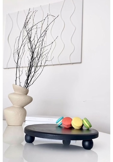 Risus Siyah Top Ayaklı 29 Cm Ahşap Yuvarlak Pasta Sunum Tabağı