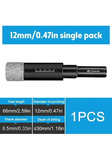 Yunboo 12mm Diamantlı Seramik, Granit, Cam Delme Aleti - Kuru Delme, Sıvı Gerektirmeyen, Dayanıklı, Elektrik Matkap Uyumlu