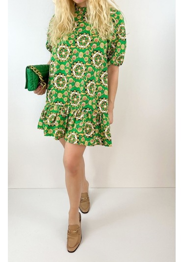 Modaonna Kadın Yeşil Etnik Desenli Kloş Elbise Yeşil
