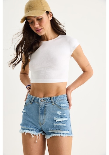 Shade Kadın Cep Detaylı Püsküllü Yırtık Denim Şort 60283399 - Mavi