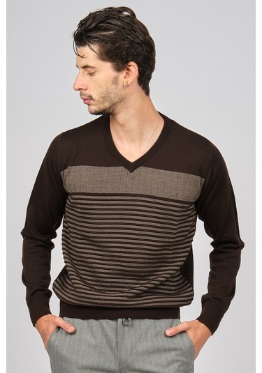 Desen Triko Erkek Desenli V Yaka Yün Kazak 0249640 Kahverengi Kahverengi