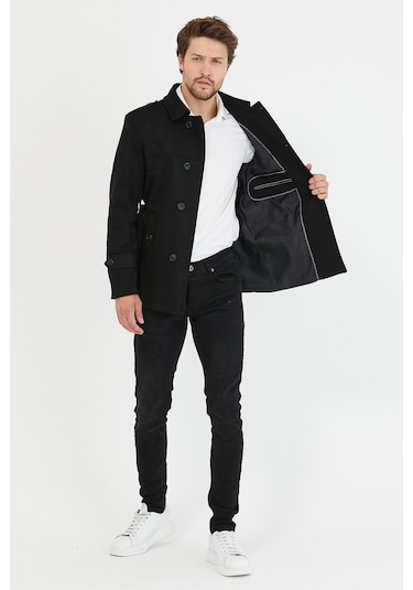 Erkek Siyah Kemerli Kaşe Kaban Trenç Model Siyah