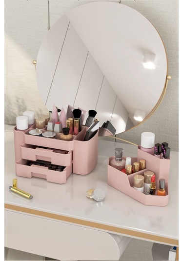 Pasifik Makyaj Kozmetik Ve Fırçalık Düzenleyici Organizer 2'li Set Pudra Pembe