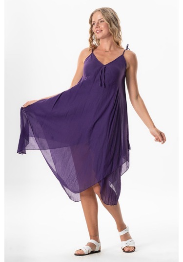 Askılı Vual Afrodit Midi Boy Yazlık Elbise Mor Mor Mor