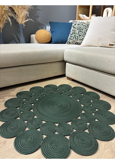 Mavaux Hasır Jüt Çiçek Desenli Kilim Halı Yeşil