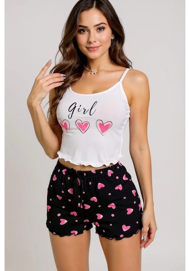 Cojans Kalp Desenli Askılı Şortlu Pijama Çok Renkli
