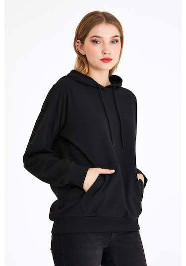 Comeor Kadın Siyah Basic Kapüşonlu Regular Fit Rahat Sweatshirt 001