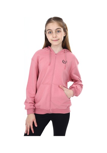 Toontoy Kız Çocuk Kapüşonlu Fermuarlı Cepli Düşük Omuz Nakış Baskılı Örme Hırka - 2 İplik Gül Kurusu