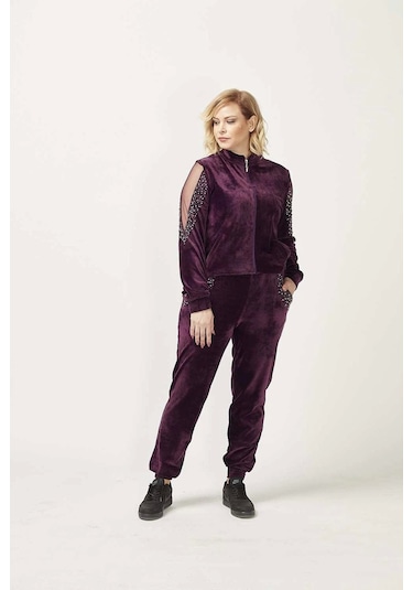 1950 Kolları Taşlı Tam Kalıp Tarz Kadife Büyük Beden Eşofman Takım Mürdüm Mürdüm