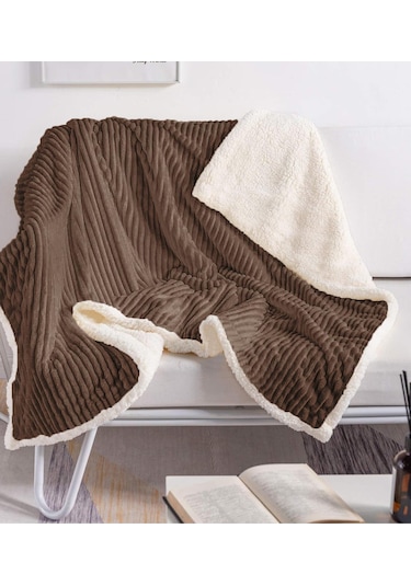 Sherpa Battaniye Çift Kişilik Çizgili Yumuşak Peluş Wellsoft Yatak Örtüsü Koyu Kahverengi