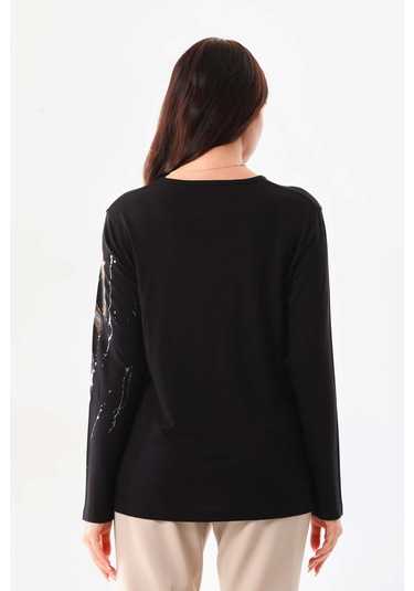Sistas Kadın Desenli Bisiklet Yaka Uzun Kol Bluz 23598 Siyah