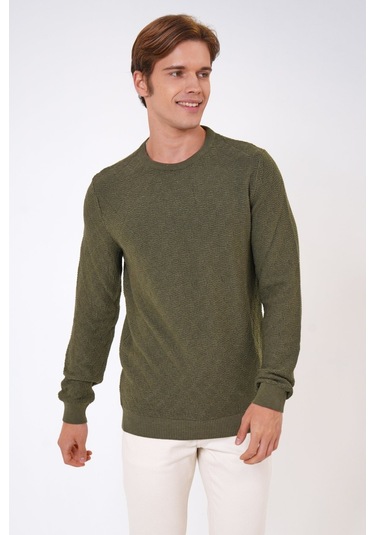 Haki Regular Fit Pamuklu Jakarlı Bisiklet Yaka Triko Kazak-haki Haki