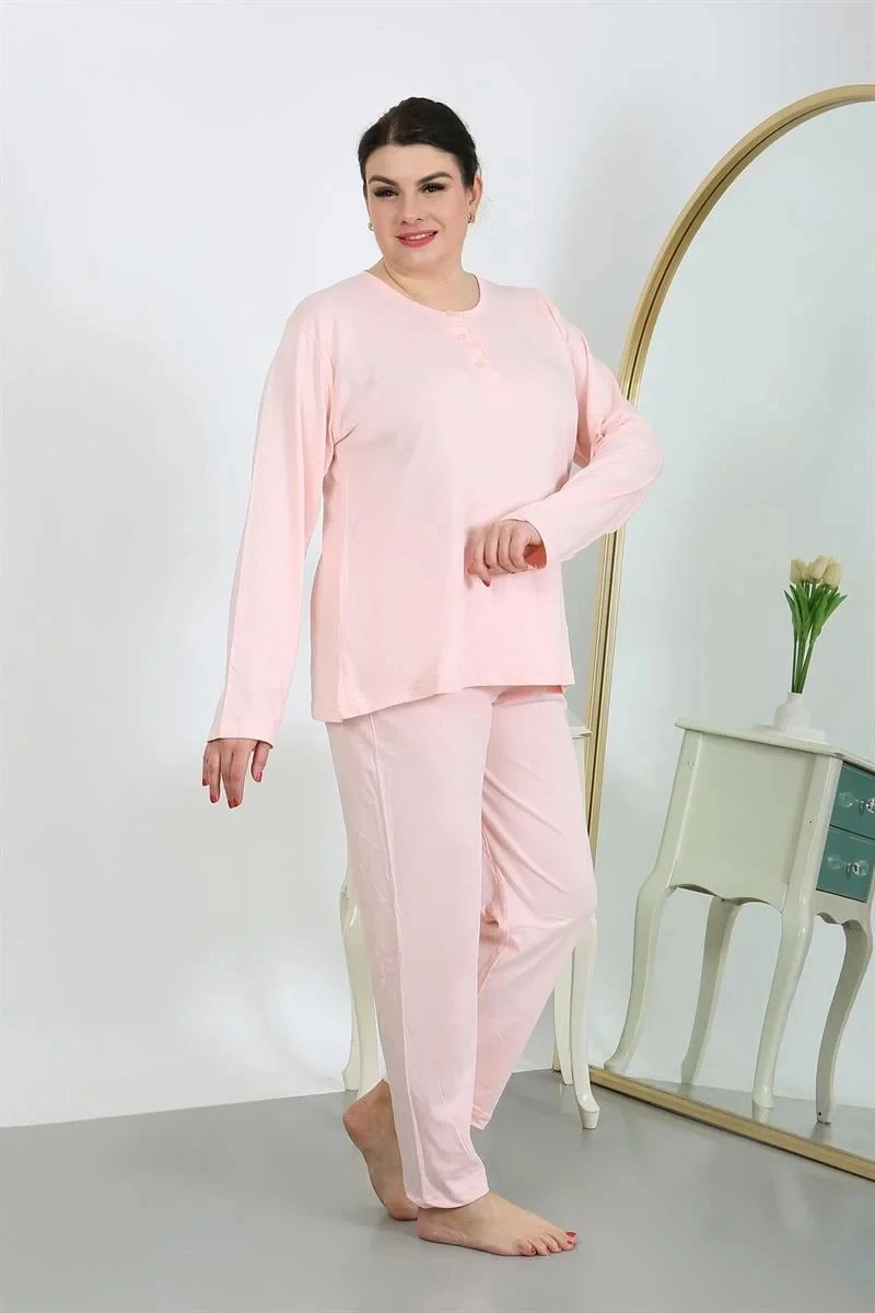 Moda Kadın Büyük Beden Uzun Kol Penye Pijama Takımı Pembe Pembe