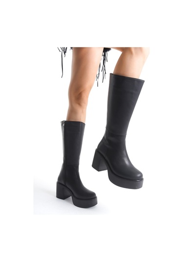 Ventes Kalın Taban Topuklu Fermuarlı Diz Altı Sade Klasik Kadın Çizme 914303-z Siyah Cilt