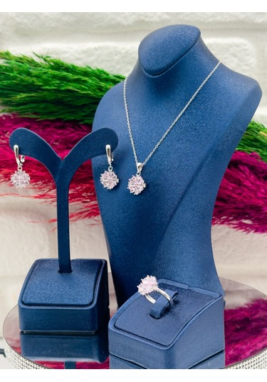 925 Ayar Gümüş Pembe Kuvars Taşlı Özel Tasarım 3 Lü Zarif Kadın Takı Seti Gümüş