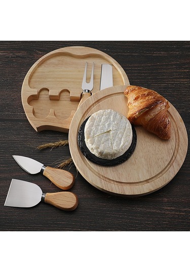 Sones 4 Adet / Set Yuvarlak Meşe Kutusu Peynir Bıçağı Spatula Paslanmaz Çelik Peynir Araçları Çatal Bıçak Takımı, Renk: Çelik Rengi