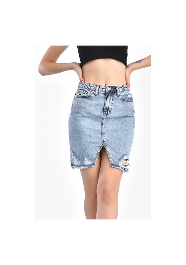 Açık Mavi Lazerli Yırtıklı Kar Yıkama Kot Etek 001