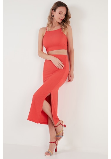 Lela Slim Fit Ip Askılı Yırtmaçlı Bayan Takım 5865278 Nar Çiçeği