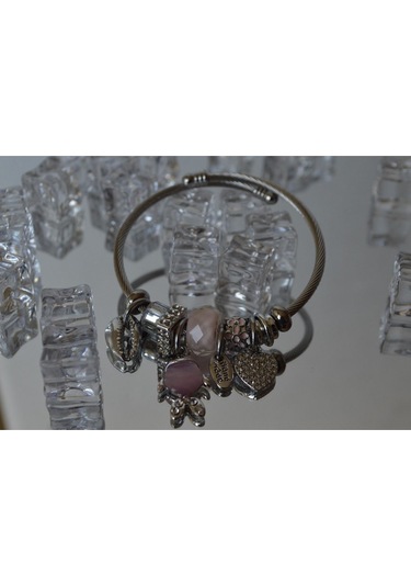 Uzel Çelik Bileklik Gümüş Silver Model Pembe, Balık Char...
