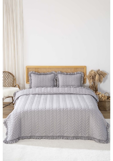 Miranda Fırfırlı Çift Kişilik Yatak Örtüsü Takımı 3 Parça Uyku & Çeyiz Seti Antrasit