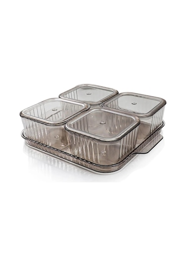 Orsa Home 4 Bölmeli Kapaklı Tepsili Çizgili Desen Lüx Kahvalılık Modern Sunum Seti Ve Saklama Kabı Şeffaf