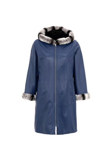 Mavi Hillary Geniş Kesim İçi Kumaş Çift Taraflı Kapüşon Ve Kol Ağzı Kürklü Kadın Hakiki Deri Kaban-mavi Mavi