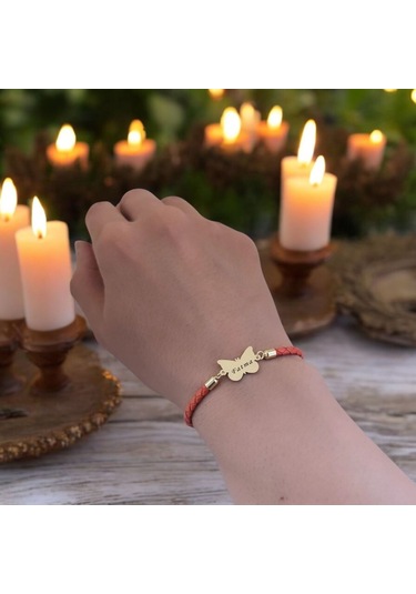 Fatma İsmine Özel Turuncu Derili Kelebek Motifli 14 Ayar Altın Plakalı Hediye Bileklik-502isim Fatma