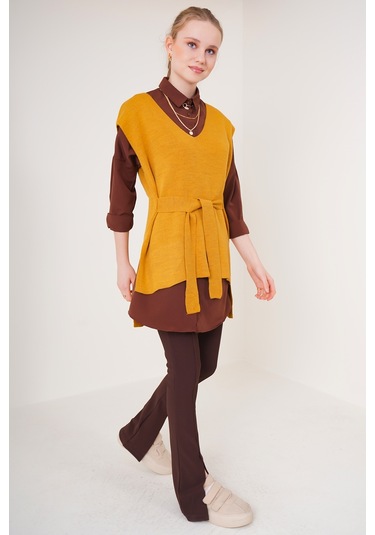 Bigdart 15760 Kuşaklı Triko Süveter - Hardal 001