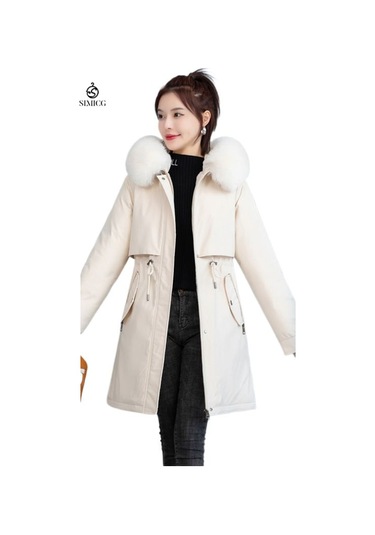 Kadın Orta Uzunlukta Kışlık Kalınlaştırılmış Pamuklu Ceket Beyaz