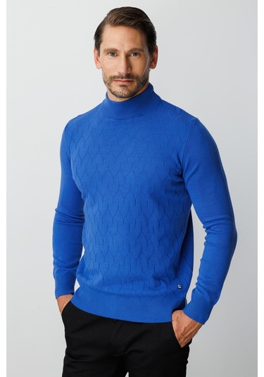 Saks Standart Fit Dar Kalıp Yarım Balıkçı Düz Uzun Kollu Triko-10086 Mavi