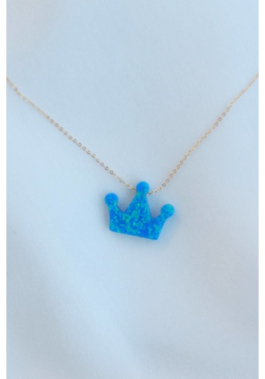 Opal Taşlı Kral Tacı Gold Kolye Mavi