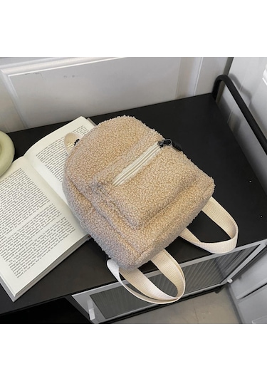 Vintage Kuzu Yünü Düz Renk Sırt Çantası Kadın Sonbahar Kış Mini Sırt Çantası Light Brown Açık Kahverengi